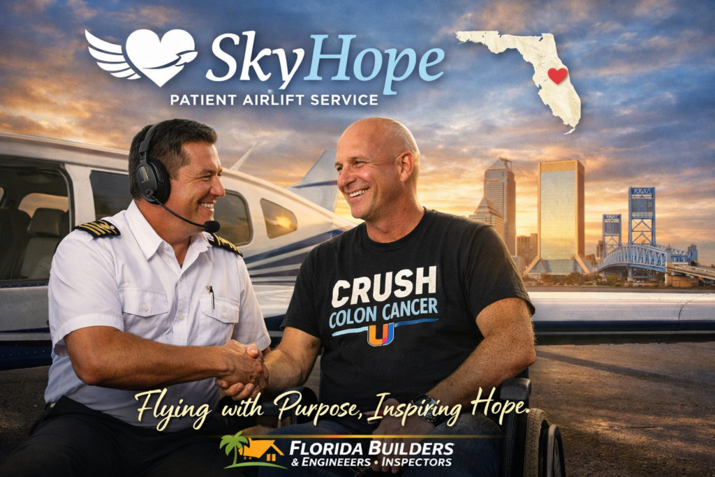 Volunteer pilot Roger Morales flying a SkyHope Patient Airlift Service mission from Hollywood Florida to Jacksonville Florida with cancer advocate Kyle Rising Moore, supporting treatment at Sylvester Cancer Center