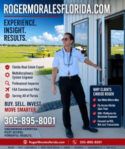 Roger Morales, MS Eng, Florida real estate professional, licensed building inspector, engineer, and FAA commercial pilot standing at a Florida airport promoting statewide property inspections, engineering services, and investment opportunities.